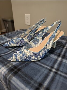 Betsey Johnson Embellished Blue & White Slingback Pointed-Toe Heels